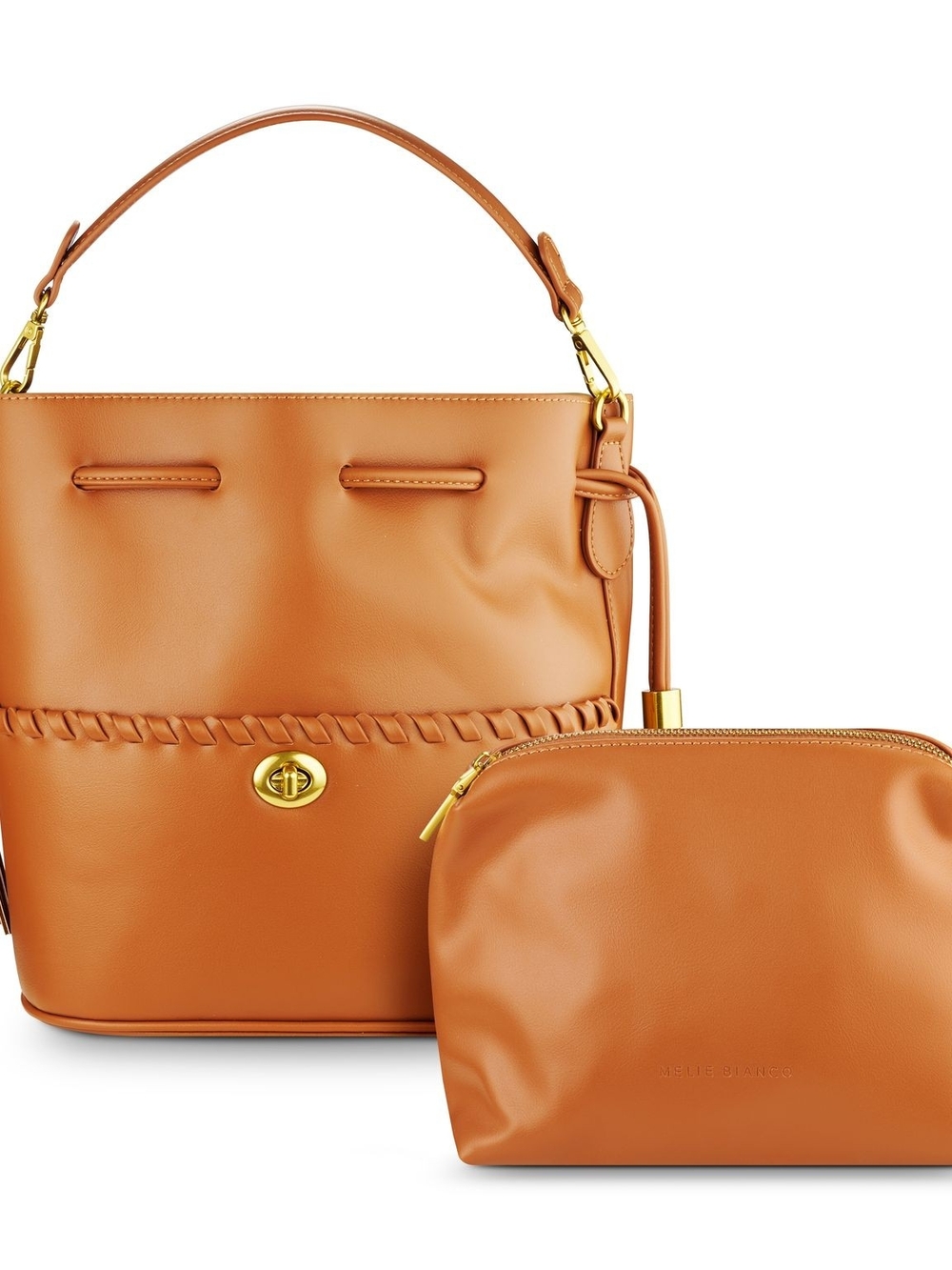 Tan Leather Top-Handle Bucket Bag with Pouch